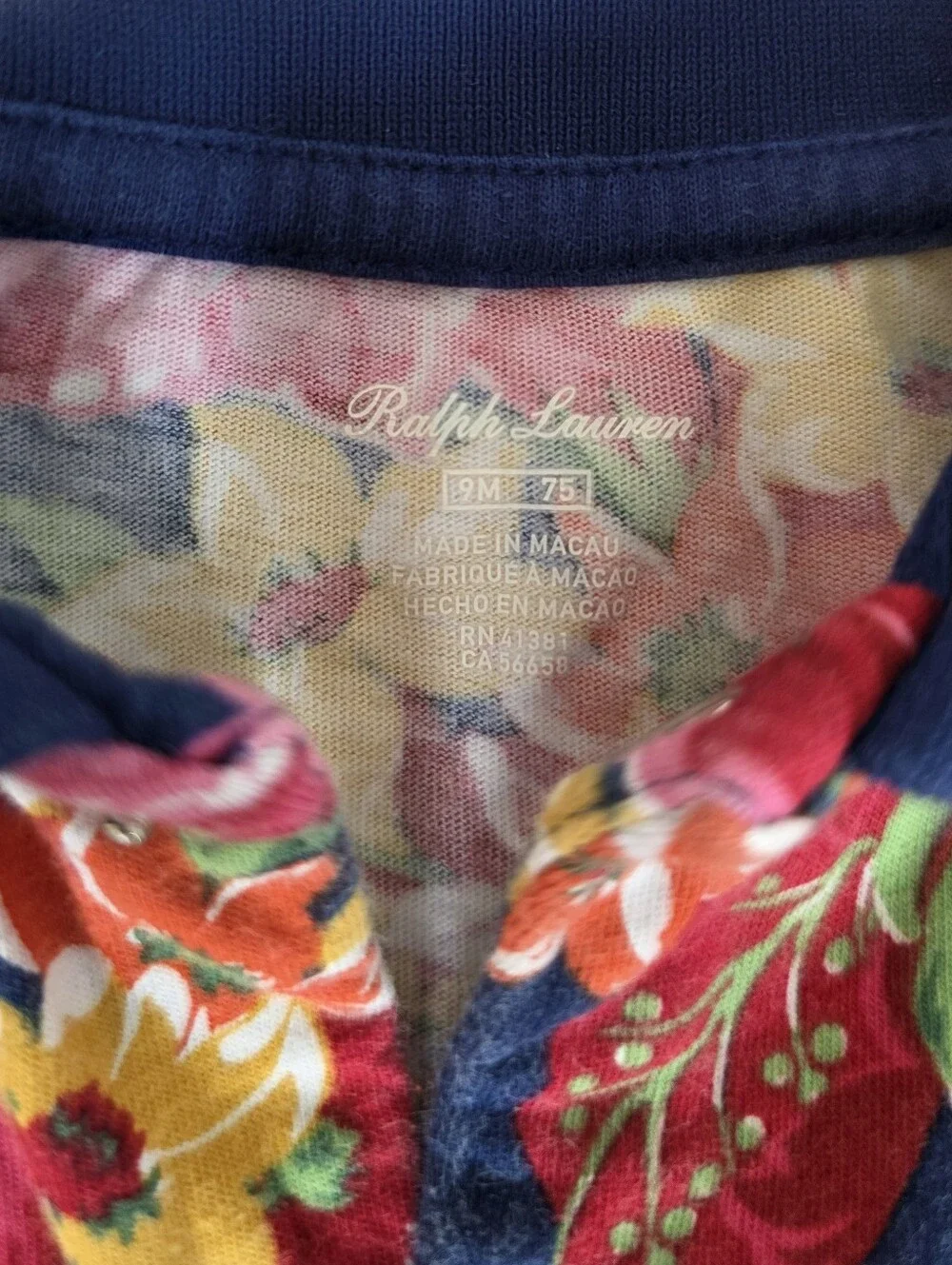 Ralph Lauren Navy Floral Polo Romper with Red & Green Bouquet